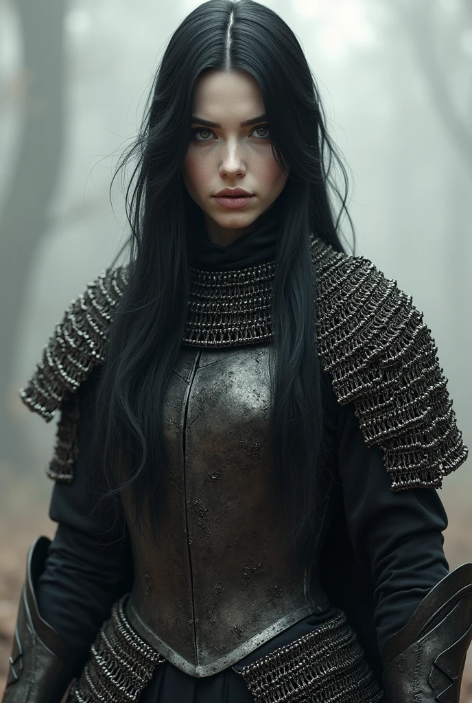 An androgynous warrior with long dark hair and pale skin, expressionless face, and clear eyes, wearing chainmail armor, facing the front 