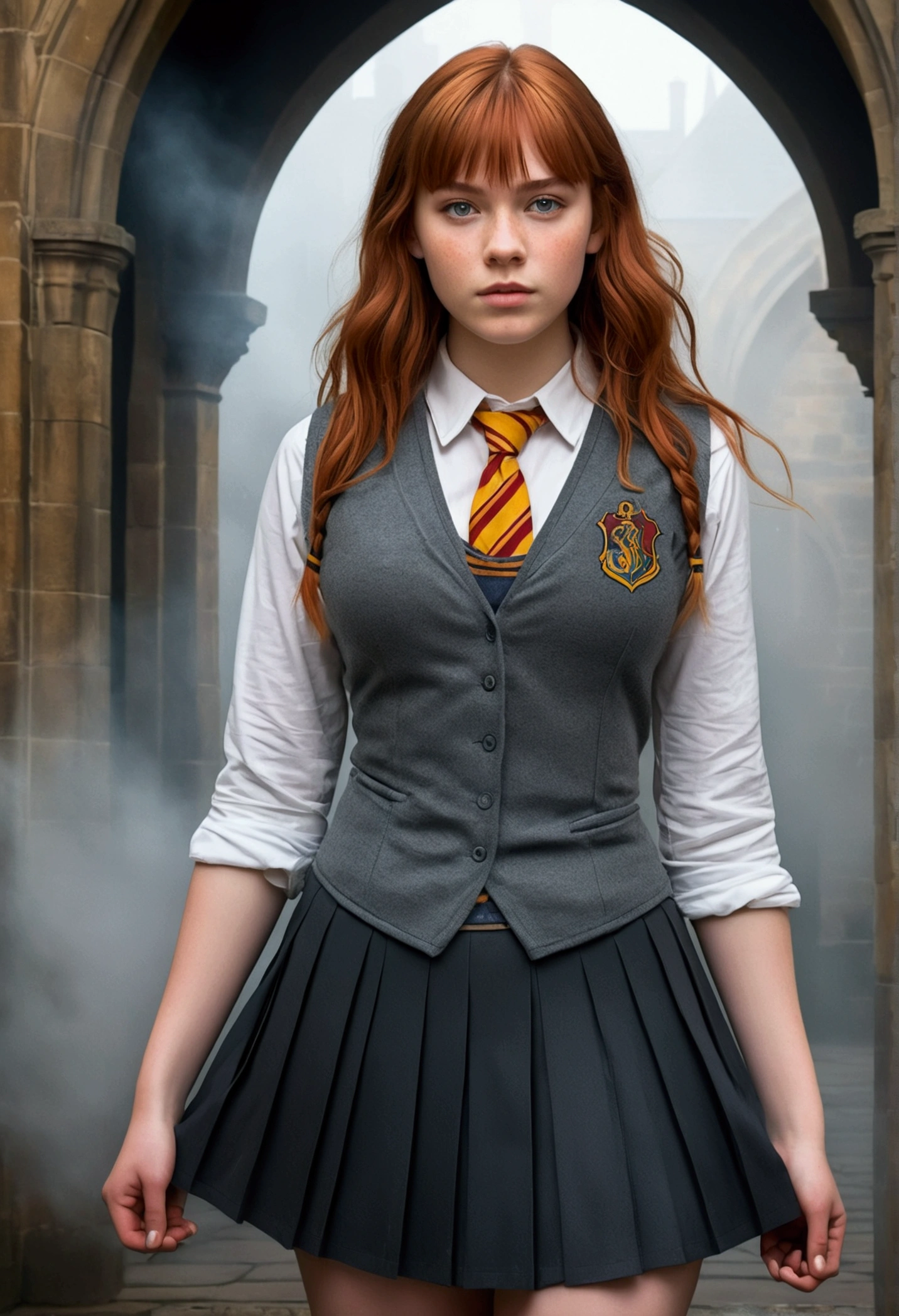An illustrated movie poster, hand-drawn, full color, a teenage Hogwarts student, 18-years-old, female, wearing a charcoal vest and a pleated skirt, athletic hourglass figure, busty bosoms, full wide hips, massive round butt, long shapely legs, ridiculously thick powerful thighs, vibrant eyes, red auburn hair, thick shaggy bangs, flushed sun-kissed complexion, freckles, resembles Freya Allen, standing in a foggy Hogwarts courtyard, surrounded by mist, graphite shading, stencil marks, airbrushed acrylic paint, masterpiece
