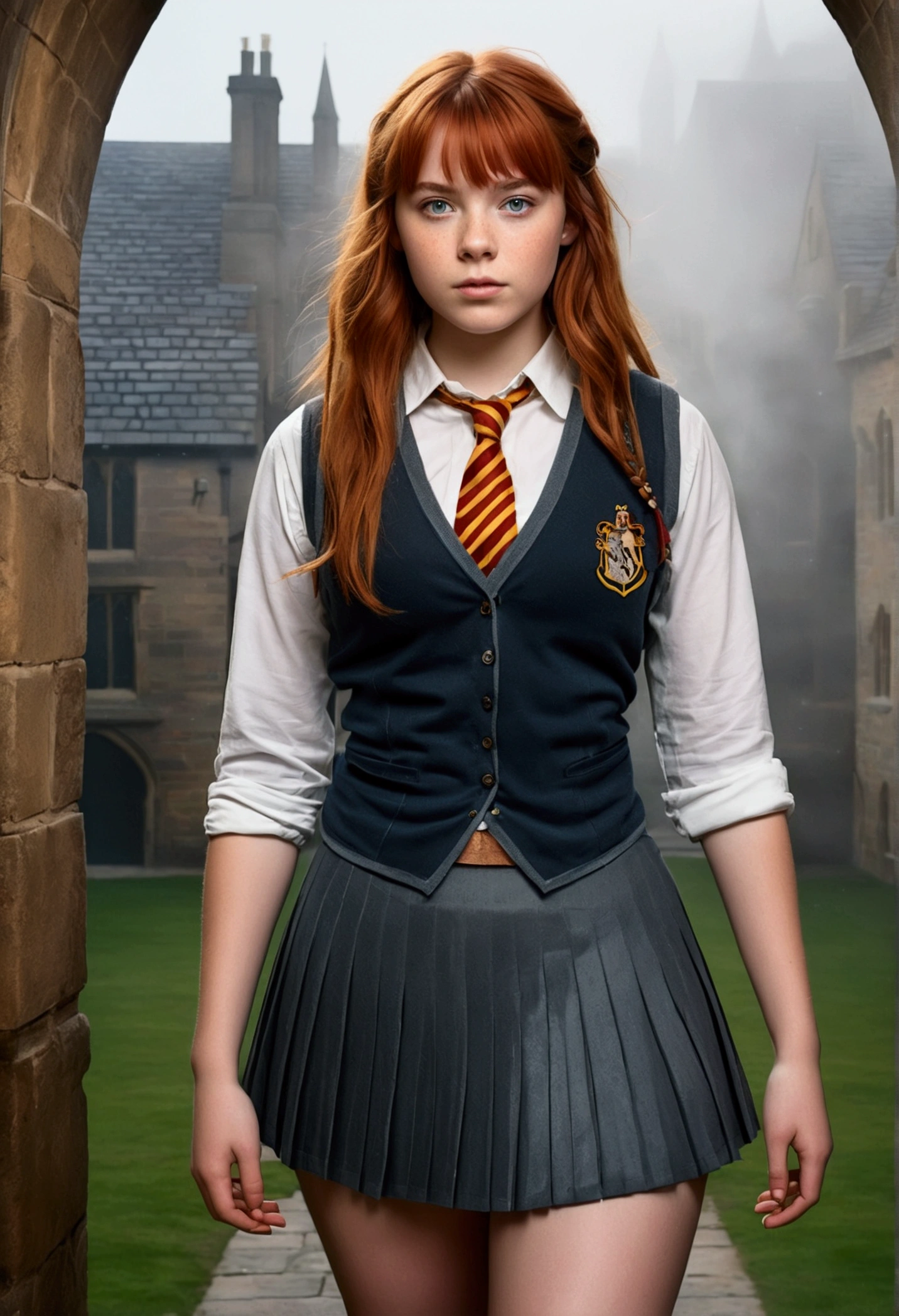 An illustrated movie poster, hand-drawn, full color, a teenage Hogwarts student, 18-years-old, female, wearing a charcoal vest and a pleated skirt, athletic hourglass figure, busty bosoms, full wide hips, massive round butt, long shapely legs, ridiculously thick powerful thighs, vibrant eyes, red auburn hair, thick shaggy bangs, flushed sun-kissed complexion, freckles, resembles Freya Allen, standing in a foggy Hogwarts courtyard, surrounded by mist, graphite shading, stencil marks, airbrushed acrylic paint, masterpiece