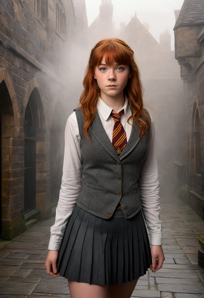 An illustrated movie poster, hand-drawn, full color, a teenage Hogwarts student, 18-years-old, female, wearing a charcoal vest and a pleated skirt, athletic hourglass figure, busty bosoms, full wide hips, massive round butt, long shapely legs, ridiculously thick powerful thighs, vibrant eyes, red auburn hair, thick shaggy bangs, flushed sun-kissed complexion, freckles, resembles Freya Allen, standing in a foggy Hogwarts courtyard, surrounded by mist, graphite shading, stencil marks, airbrushed acrylic paint, masterpiece