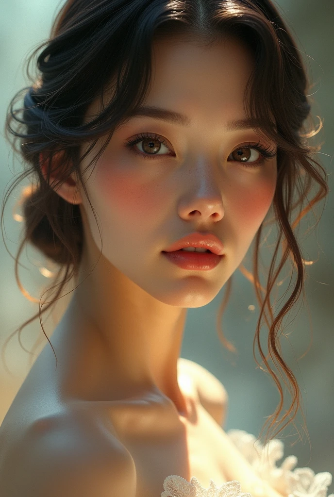 A beautiful young woman, extremely detailed eyes and face, long eyelashes, delicate facial features, perfect porcelain skin, flowing hair, serene expression, (best quality,4k,8k,highres,masterpiece:1.2),ultra-detailed,(realistic,photorealistic,photo-realistic:1.37),intricate details, cinematic lighting, vibrant colors, oil painting, elegant pose, warm lighting, dreamlike, cinematic composition