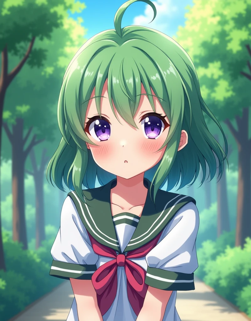 ((((Highest quality)))), ((masterpiece)), ((detailed)), (High resolution),(((high resolution))),((High Quality)),anime , Cute beautiful girl、child、Green Hair、Ahoge、Medium Hair、Purple Eyes、detailedな瞳、(((bouncy big boobs)))、((Perfect body))、（Thighs）、((uniform))、treetscape
