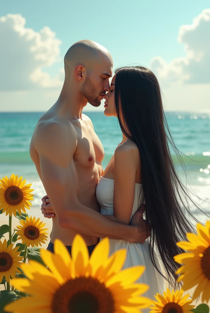 Create a couple in which the bald man and the woman are lush and white with long straight black hair, they are hugging each other, the woman in front of the man on a beach with several sunflowers around them.