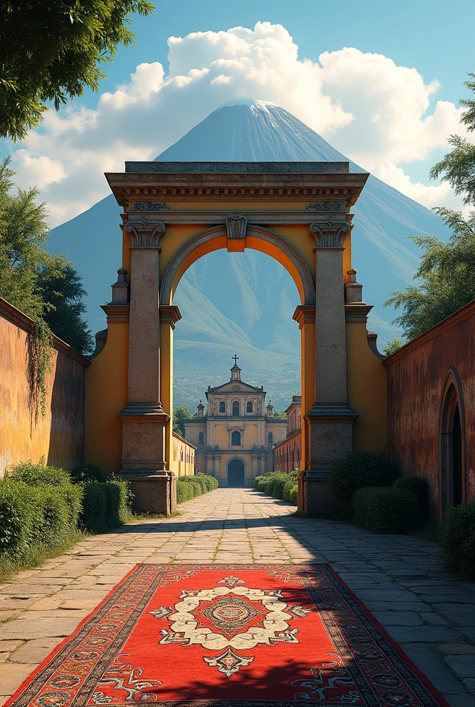 Create an image that contains the Agua volcano in the background, the Santa Catalina Arch in the center of Antigua Guatemala, a carpet under the Santa Catalina Arch., The hill of the cross on the right side is the church of La Merced in Antigua Guatemala and on the left side is the church of San Felipe 