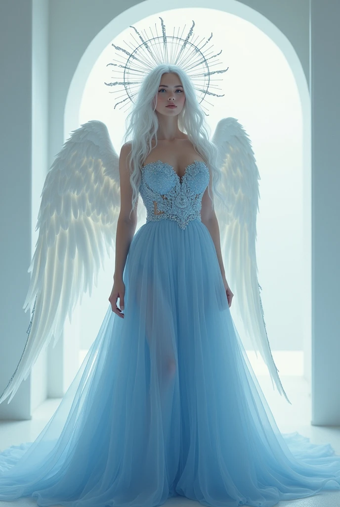 nswf Japanese, (One person, alone:1.3), Ultra-realistic, Realistic, angel, Saint&#39;s Wing Halo, Long white hair, Silver Eyes, big , Squat, Full body image, Full Growth, Blue fluffy dress, Perfect Face, Detailed face, Detailed eyes, White shoes, (White Room Background), masterpiece,  Cute Face, High resolution, High resolutionr, Highest quality, Lots of details, Ultra Sharp, Super detailed, colorful, Fascinating eyes, Fascinating笑顔, Perfect Proportions, Glowing Skin, Fascinating視線, Feminine charm, Timeless beauty, Very detailed, Sharp focus, Soft lighting, Dreamy atmosphere, Rich color palette, Complementary Color, 8k resolution, Octane Rendering, Ray Tracing, High resolution, Realistic, masterpiece, Award-winning, Trending on Art Station, Global Illumination, Very detailed肌の質感, Fascinating, Fascinating, Unforgettable, (masterpiece), (Highest quality), (Very detailed), so beautiful, figure, Disheveled Hair, Perfect composition, Moisturized Skin, Intricate details, Concept Art, Digital Art, Descriptive, Picturesque, Matte Paint, Very detailed