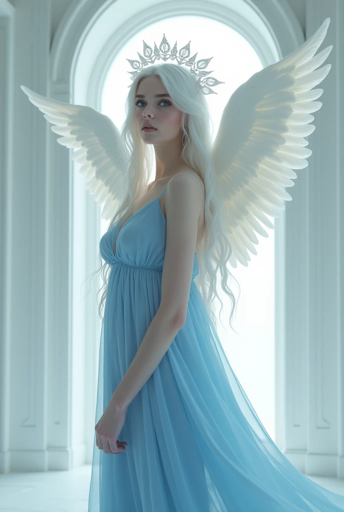 nswf Japanese, (One person, alone:1.3), Ultra-realistic, Realistic, angel, Saint's Wing Halo, Long white hair, Silver Eyes, big , Squat, Full body image, Full Growth, Blue fluffy dress, Perfect Face, Detailed face, Detailed eyes, White shoes, (White Room Background), masterpiece, Cute Face, High resolution, High resolutionr, Highest quality, Lots of details, Ultra Sharp, Super detailed, colorful, Fascinating eyes, Fascinating笑顔, Perfect Proportions, Glowing Skin, Fascinating視線, Feminine charm, Timeless beauty, Very detailed, Sharp focus, Soft lighting, Dreamy atmosphere, Rich color palette, Complementary Color, 8k resolution, Octane Rendering, Ray Tracing, High resolution, Realistic, masterpiece, Award-winning, Trending on Art Station, Global Illumination, Very detailed肌の質感, Fascinating, Fascinating, Unforgettable, (masterpiece), (Highest quality), (Very detailed), so beautiful, figure, Disheveled Hair, Perfect composition, Moisturized Skin, Intricate details, Concept Art, Digital Art, Descriptive, Picturesque, Matte Paint, Very detailed