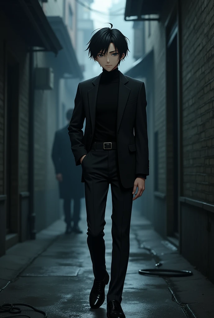 A  handsome chinese Manga boy tall wear black suit with black shoes in alleyway in dark with mans on background 