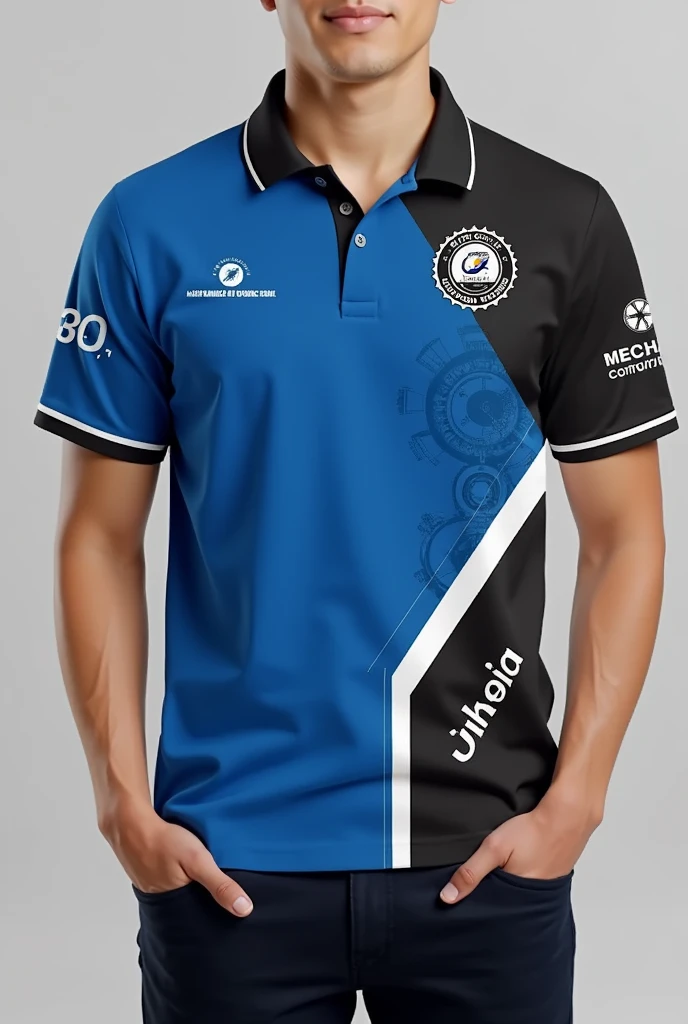 Make me a design of a poloshirt for mechanical engineering students with blue, black, white theme, right a caption at the back JUNIOR PHILIPPINE SOCEITY OF MECHANICAK ENGINEERS CAPITOL UNIVERSITY, put a family name as well and place it in a right place of the polo shirt, show the front, back and the side views of the shirt, show the symbols as well in mechanical engineering field