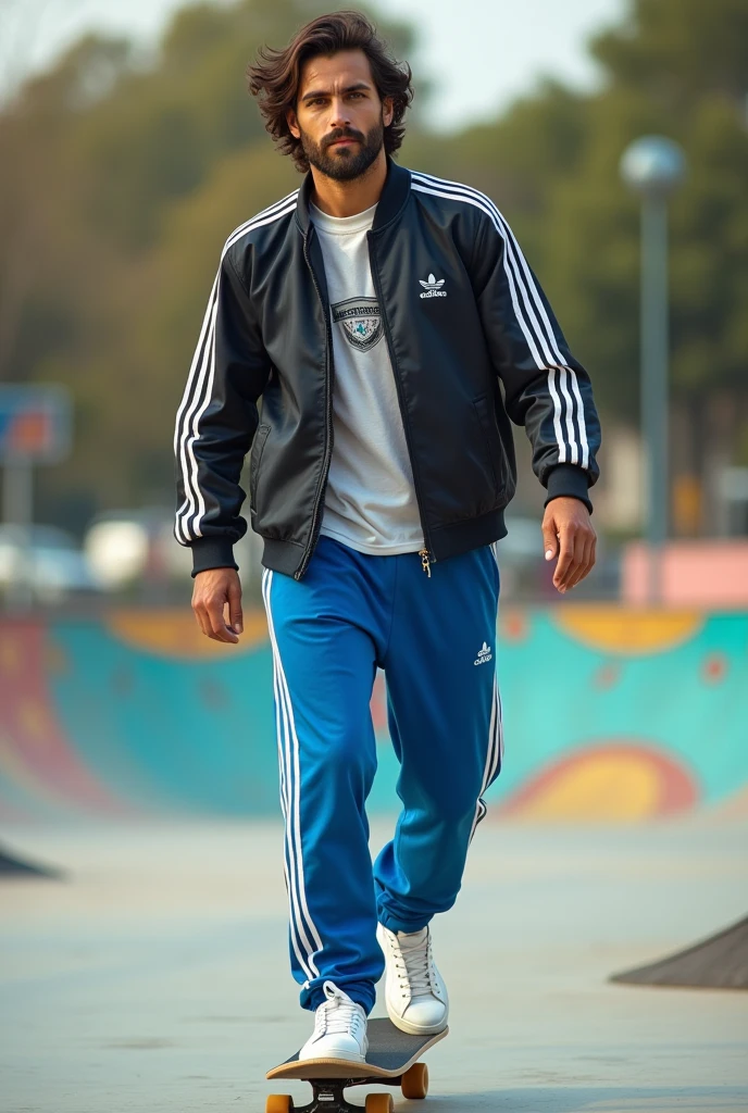 Create a realistic photo, typical Spanish man with a beard and mustache, very handsome man with a charming and deep look, green eyes, brown hair, ((full body)) hyper realistic photos, dressed with a set of jogging pants blue and white color of the brand: (Addidas), white shoes of the brand: (Addidas super stars) he is skateboarding, background images: in a skate park, head to toe, full body , hyper realistic photo