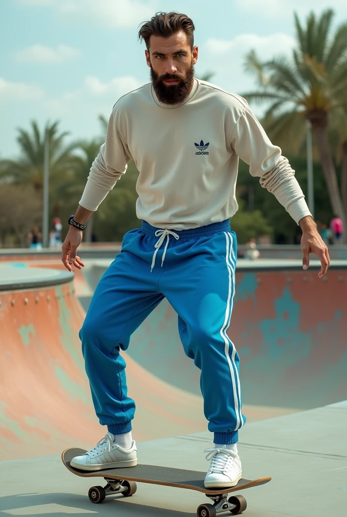 Create a realistic photo, typical Spanish man with a beard and mustache, very handsome man with a charming and deep look, green eyes, brown hair, ((full body)) hyper realistic photos, dressed with a set of jogging pants blue and white color of the brand: (Addidas), white shoes of the brand: (Addidas super stars) he is skateboarding, background images: in a skate park, head to toe, full body , hyper realistic photo