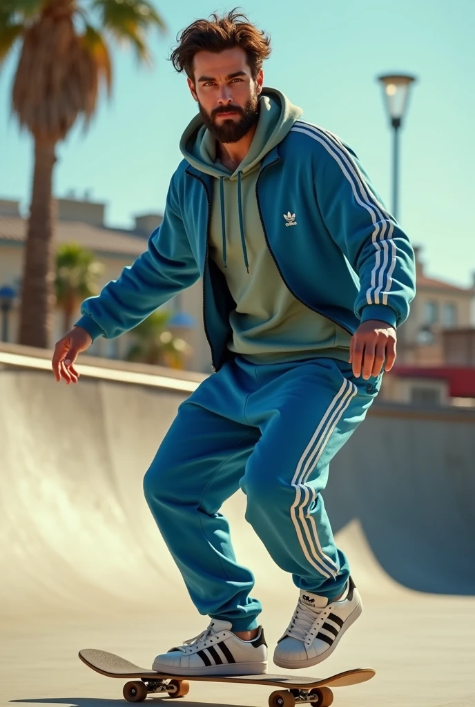 Create a realistic photo, typical Spanish man with a beard and mustache, very handsome man with a charming and deep look, green eyes, brown hair, ((full body)) hyper realistic photos, dressed with a set of jogging pants blue and white color of the brand: (Addidas), white shoes of the brand: (Addidas super stars) he is skateboarding, background images: in a skate park, head to toe, full body , hyper realistic photo