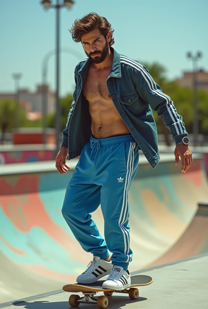 Create a realistic photo, typical Spanish man with a beard and mustache, very handsome man with a charming and deep look, green eyes, brown hair, ((full body)) hyper realistic photos, dressed with a set of jogging pants blue and white color of the brand: (Addidas), white shoes of the brand: (Addidas super stars) he is skateboarding, background images: in a skate park, head to toe, full body , hyper realistic photo
