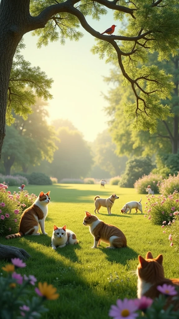 large-scale outdoor scene designed for a 9ft by 6ft wall display at an animal clinic reception. The scene captures a group of (((ultra-realistic))) and (((highly detailed))) cats, dogs, green park during a serene morning. The animals interact naturally—cats basking in the gentle morning sunlight, dogs joyfully playing together, and birds perched gracefully on tree branches. The lighting perfectly captures the soft, golden hues of dawn, with every feature of the animals—eyes, ears, noses, fur, feathers, and limbs—rendered with absolute precision and lifelike accuracy. The background is filled with vibrant flowers, tall trees, and a clear blue sky, creating a peaceful, welcoming atmosphere. The image is sharp, hyper-realistic, and produced in ultra-high-definition quality, ensuring every detail stands out on the large wall display., UHD, masterpiece, accurate, anatomically correct, super detail, high details, high quality, award winning, best quality, highres, 1080P, HD