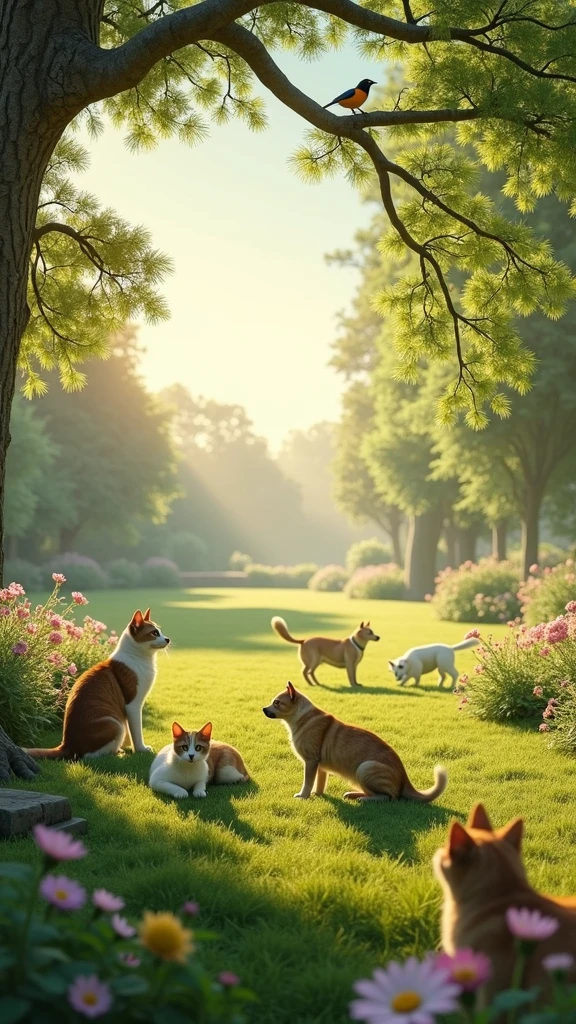 large-scale outdoor scene designed for a 9ft by 6ft wall display at an animal clinic reception. The scene captures a group of (((ultra-realistic))) and (((highly detailed))) cats, dogs, green park during a serene morning. The animals interact naturally—cats basking in the gentle morning sunlight, dogs joyfully playing together, and birds perched gracefully on tree branches. The lighting perfectly captures the soft, golden hues of dawn, with every feature of the animals—eyes, ears, noses, fur, feathers, and limbs—rendered with absolute precision and lifelike accuracy. The background is filled with vibrant flowers, tall trees, and a clear blue sky, creating a peaceful, welcoming atmosphere. The image is sharp, hyper-realistic, and produced in ultra-high-definition quality, ensuring every detail stands out on the large wall display., UHD, masterpiece, accurate, anatomically correct, super detail, high details, high quality, award winning, best quality, highres, 1080P, HD