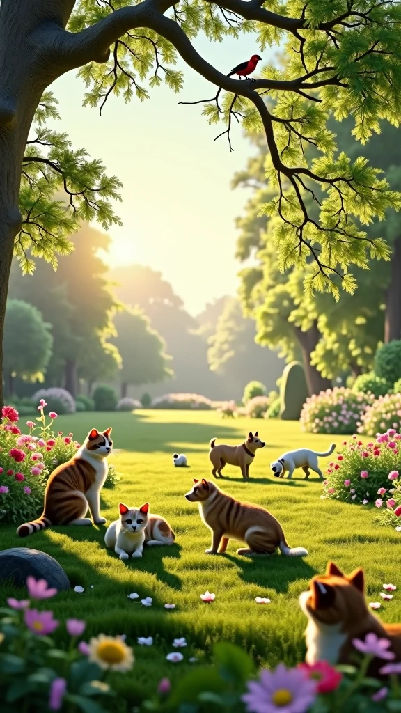 large-scale outdoor scene designed for a 9ft by 6ft wall display at an animal clinic reception. The scene captures a group of (((ultra-realistic))) and (((highly detailed))) cats, dogs, green park during a serene morning. The animals interact naturally—cats basking in the gentle morning sunlight, dogs joyfully playing together, and birds perched gracefully on tree branches. The lighting perfectly captures the soft, golden hues of dawn, with every feature of the animals—eyes, ears, noses, fur, feathers, and limbs—rendered with absolute precision and lifelike accuracy. The background is filled with vibrant flowers, tall trees, and a clear blue sky, creating a peaceful, welcoming atmosphere. The image is sharp, hyper-realistic, and produced in ultra-high-definition quality, ensuring every detail stands out on the large wall display., UHD, masterpiece, accurate, anatomically correct, super detail, high details, high quality, award winning, best quality, highres, 1080P, HD