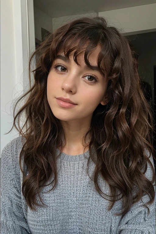 A beautiful and amazing 25-year-old Brazilian girl, white skin, free curls, maroon shorter curly hair, wild long curly hair, multiversal hair, mexican, short curly corinth hair, curly corinth hair, curls, extended wavy hair, baroque curls , curls, curly, curly red hair, hair texture, curly bangs, dressed casually, selfie, background of a living room, slightly blurred photo, smiling and slightly showing teeth