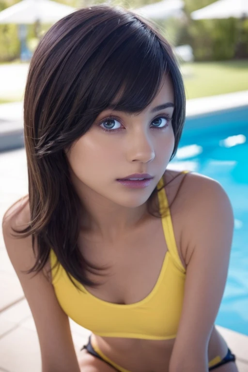 1girl, beautiful woman, yellow onepiece swimsuit, skinny, perfect body, defined abs, gold hair, standing in daytime pool room,  ultra-detailed face, beautiful eyes, beautiful lips, double eyelids, shy smile, trimmed bangs, sun-kissed skin, hint of pubic hair, (best quality, 8k, masterpiece:1.3), frontal and full-body shot, pussy line, front facing, open legs pubic hair