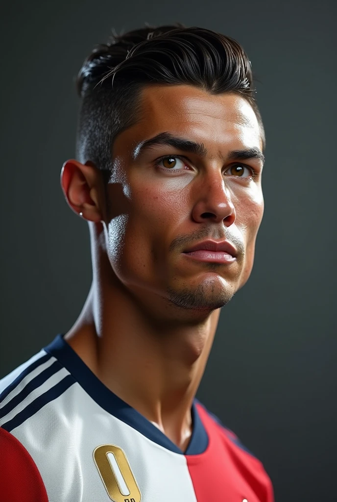 Create a high-quality, realistic profile image of Cristiano Ronaldo. He should be depicted with his signature hairstyle and athletic build. The background should be simple and professional, focusing on his face and upper body. Ensure that his expression is confident and charismatic, capturing his well-known features and distinctive look
