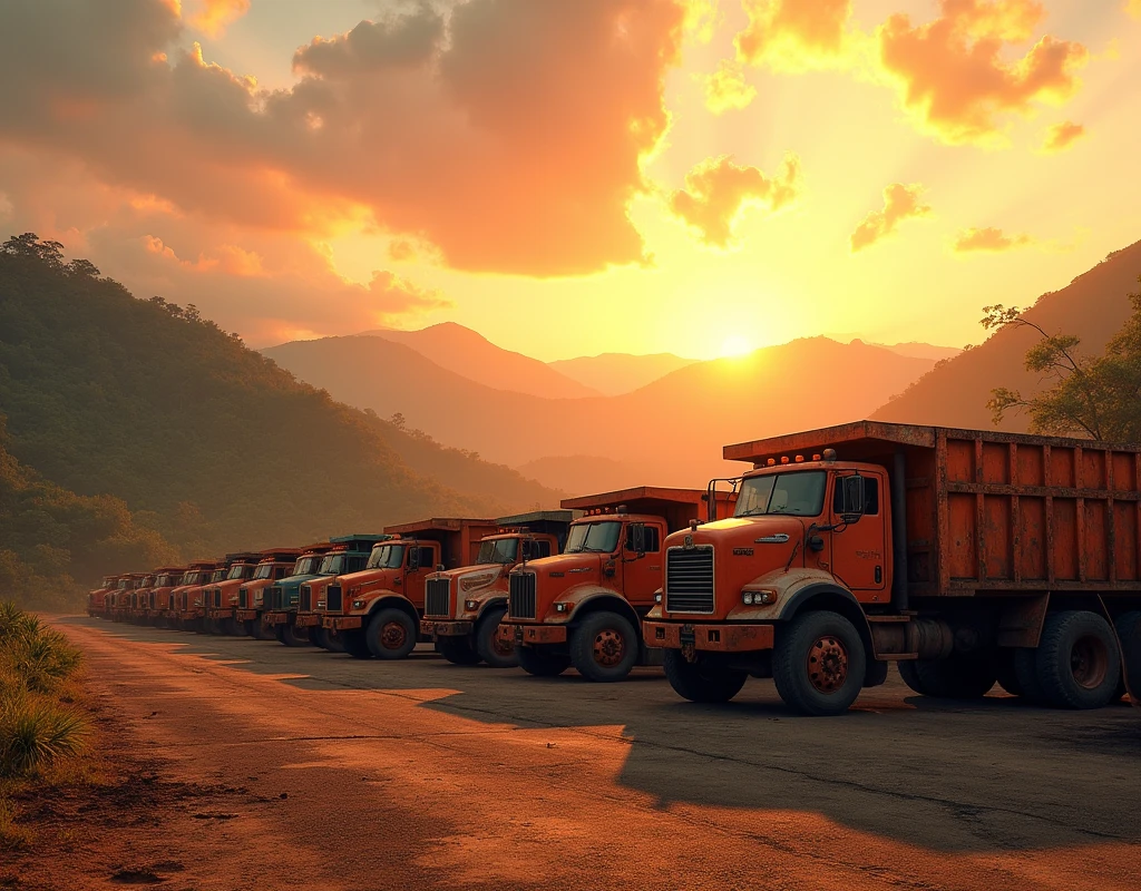 Trucks in open yard at sunset in Brazil
