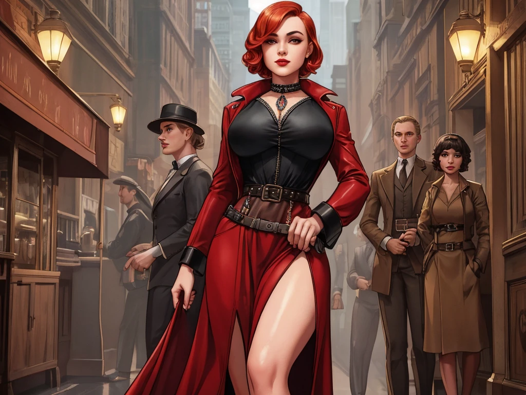 three sisters, 1920s femme fatale, elegantly dressed in a sleek, floor-length gown with a plunging neckline and intricate beading, short wavy bobbed hair with a finger wave, bold dark red lipstick, 1920s tomboy adventurer, wearing rugged, practical clothing with a utility belt and a leather jacket, short blonde hair styled in a tousled bob, 1920s hardboiled detective, striking red hair styled in soft waves, tailored trench coat and a fedora, sharp no-nonsense attitude, cinematic lighting, low-angle shot