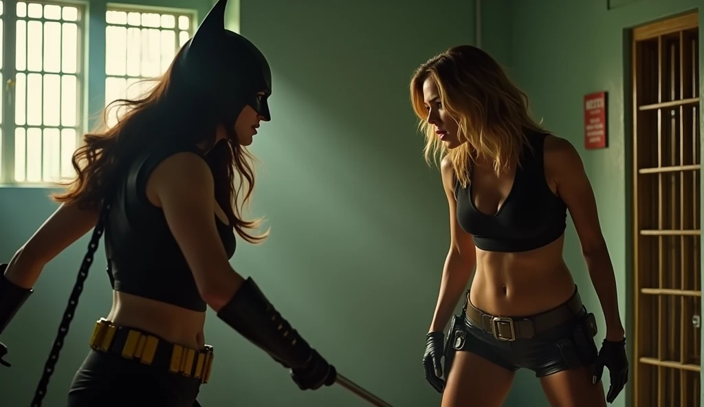Margot Robbie is Lara Croft, fighting bat girl ,in room jail, in style sexy ,dynamic scene,physique Athletic ,full body