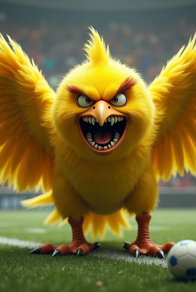 angry yellow bird, with human characteristics, angry face, football soccer, shout, big wings
