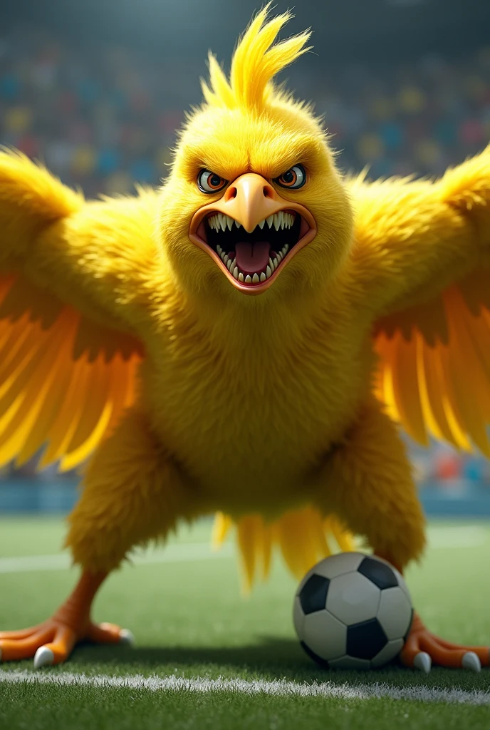 angry yellow bird, with human characteristics, angry face, football soccer, shout, big wings