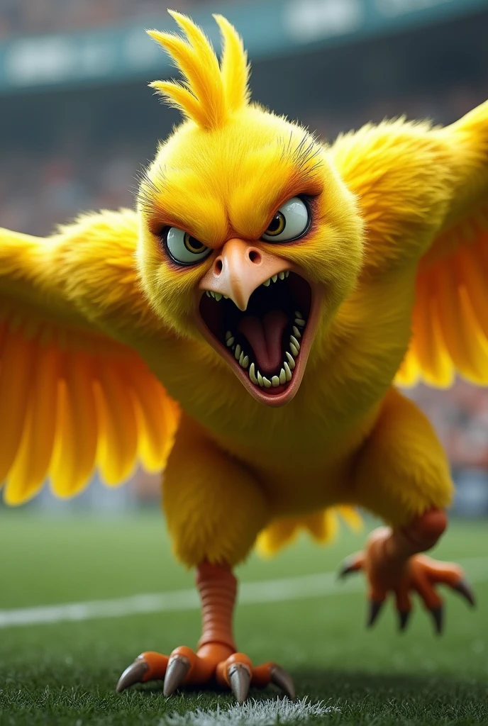 angry yellow bird, with human characteristics, angry face, football soccer, shout, big wings