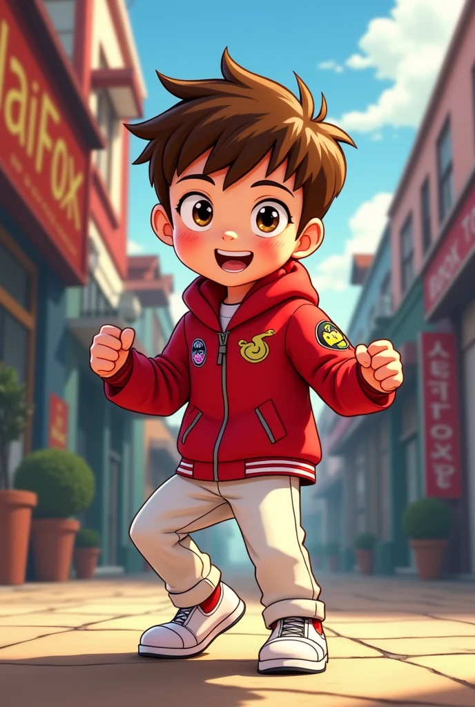 A cartoon boy. Red Ben 10 jackets.white pant.white shoes.background nine tell fox by name alvi