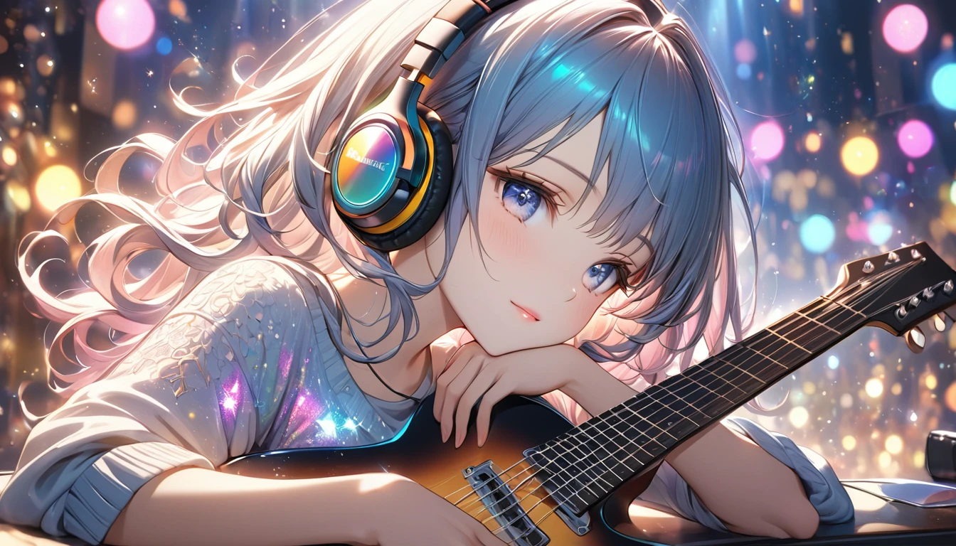 Highest quality, Intricate details, Very delicate, so beautiful, Highest quality, High Qualite, Very beautiful face, kindness, 超detailed hair, thin, cute, Perfectly symmetrical face, Upper body rest (Beautiful colors,detailed,Highest quality,Great quality,so beautiful),Lighting particles, Casual Fashion, Headphones, smartphone, guitar, Glitter