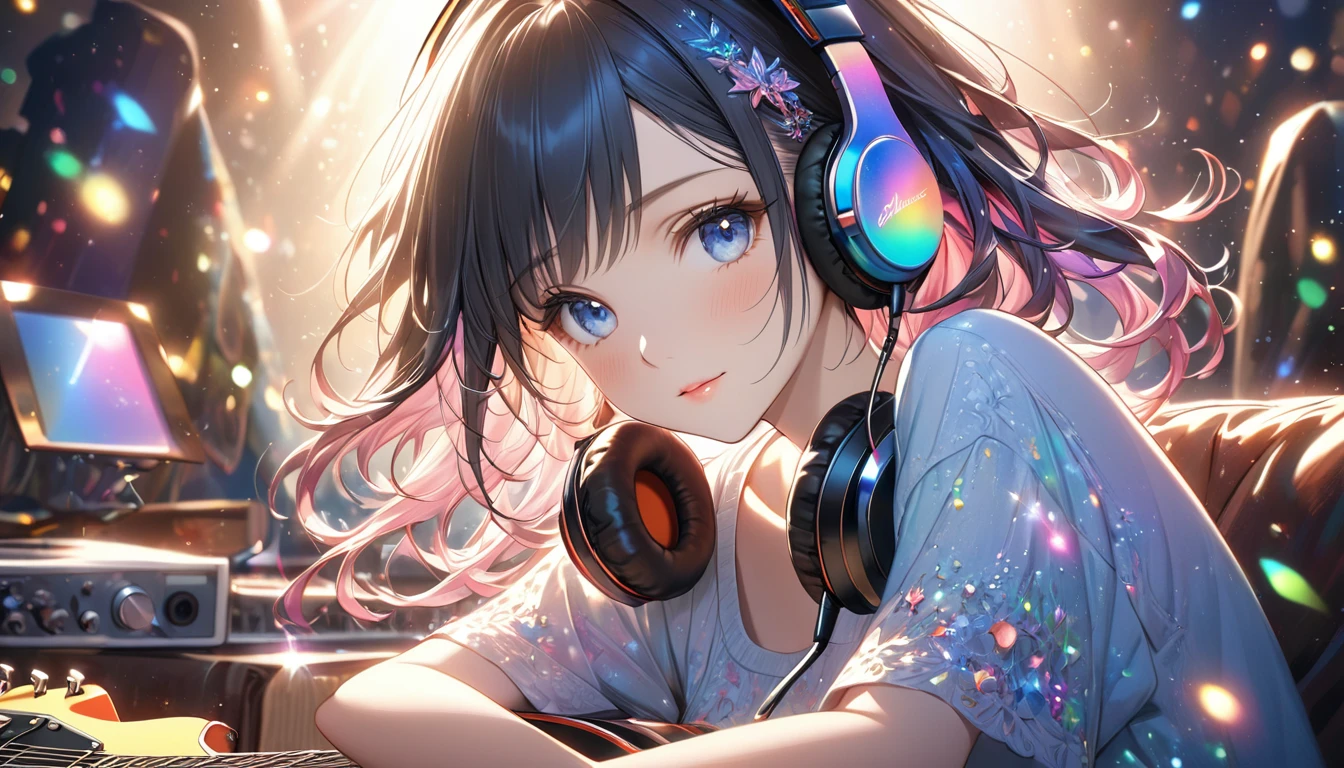 Highest quality, Intricate details, Very delicate, so beautiful, Highest quality, High Qualite, Very beautiful face, kindness, 超detailed hair, thin, cute, Perfectly symmetrical face, Upper body rest (Beautiful colors,detailed,Highest quality,Great quality,so beautiful),Lighting particles, Casual Fashion, Headphones, smartphone, guitar, Glitter