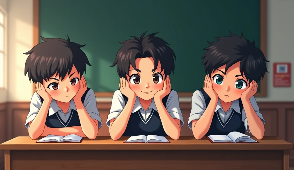 3 boy student ek table per class me bethe hai aursabhi gaal per hath rake hai aur kuch soch rahe hai in anime image creat Indian environment