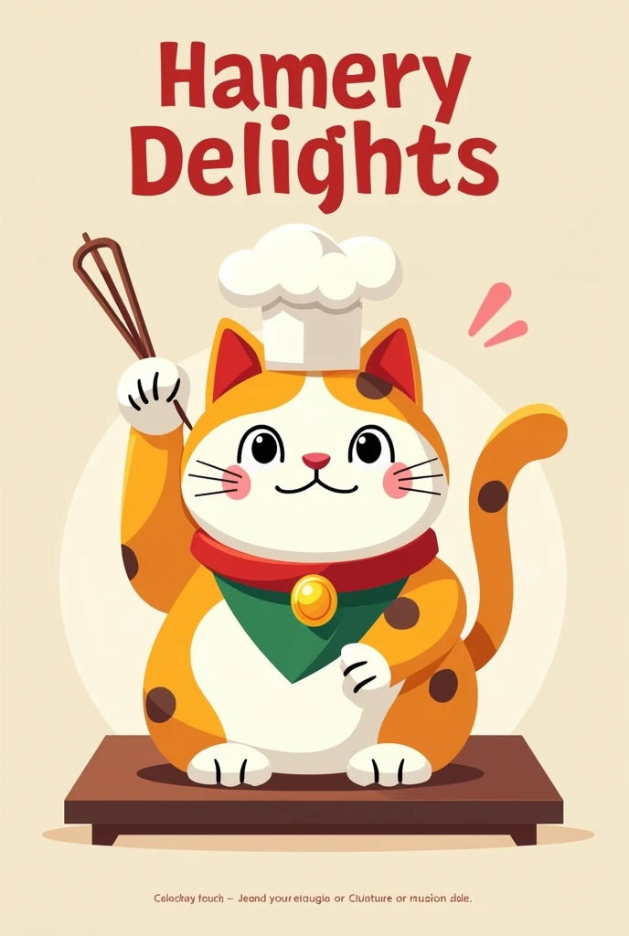 flat design ad poster of a cat like maneki neko wearing a chef hat