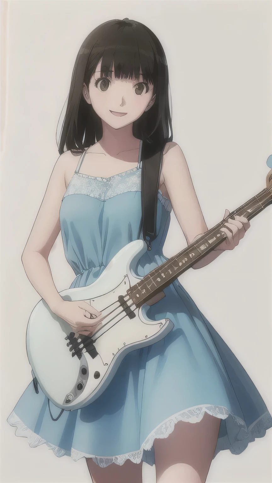 (((Best image quality、8k、Beautiful woman、Pure white wall background)))、bassist、I play bass、smile、Wearing a light blue dress、