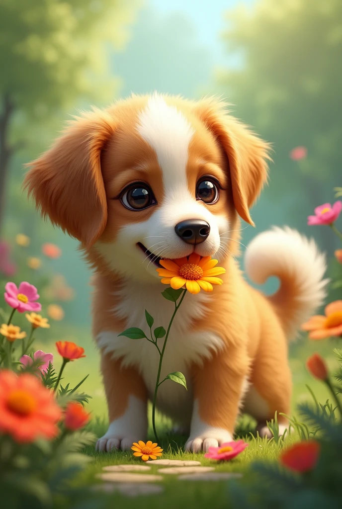 A dog eating flower 