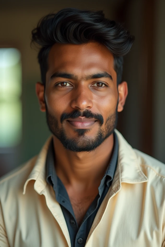 
best quality, face focus, soft light, ultra high res, (photorealistic:1.4), RAW photo, 40 yr old tamil youth  solo, cute, (pupil, lights in the eyes), detailed  face with moustache, broad shoulders (high resolution detail of human skin texture), (short hair), indoor, cream colour  Shirt , hair neatly combed backwards, dark dress shirt, without beard, view up to chest, frontal pose