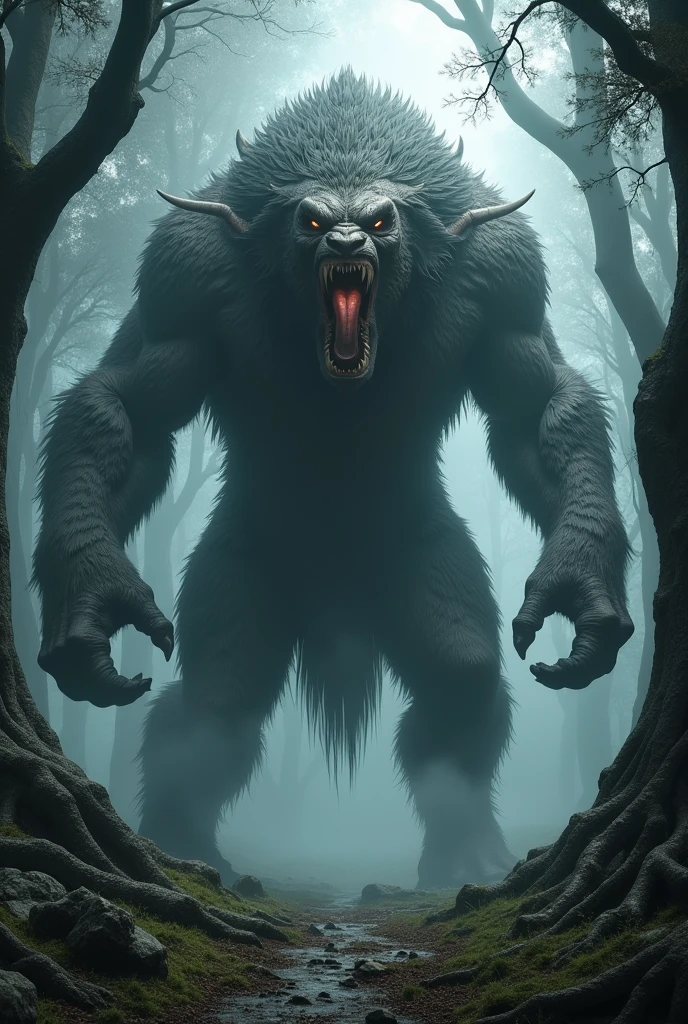 A giant beast in a dark forest.