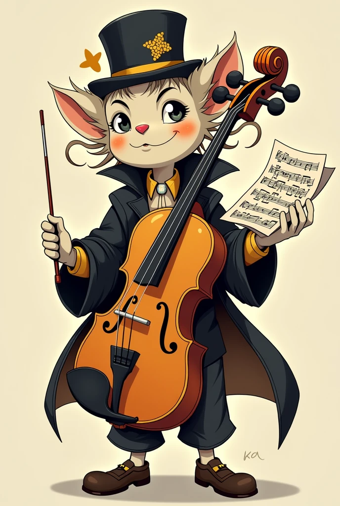 Tonico is a little maestro, metade humano, half instrument. Its lower part is a violin body, but with arms and legs, while the upper part has a friendly and expressive face, with hair that resembles guitar or piano strings. He holds a baton in one hand and a sheet of music in the other., always ready to teach or play a new melody. His outfit is a mix of black and gold colors and he wears a stylized hat., like those of orchestra musicians
