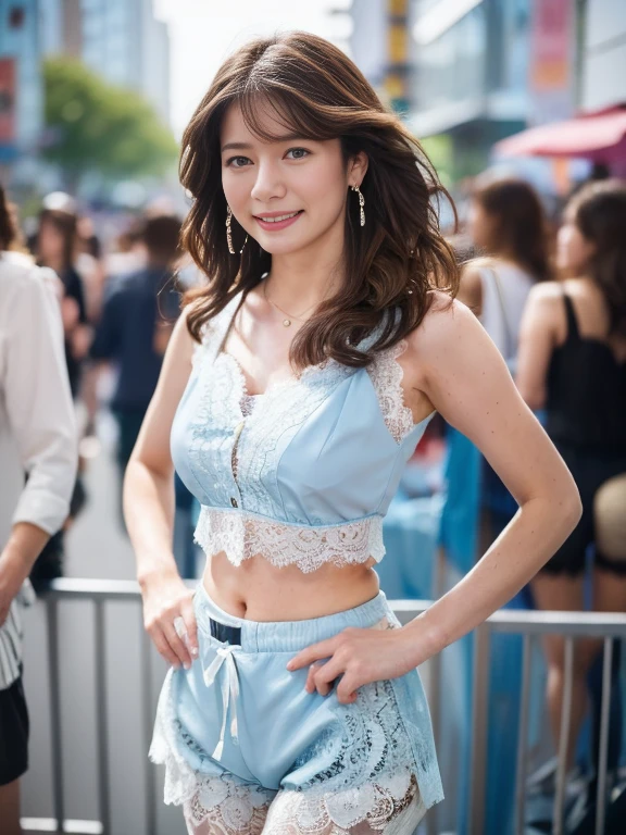  (Realistic, photoRealistic, Highest quality, 8k, RAW Photos, masterpiece:1.2), Beautiful Japan, 20-year-old, thin, Detailed face, cute, cute, (Wavy Hair:1.2), (Medium Hair:1.3), (Light brown hair:1.3), necklace, Earrings, goodcelet, (good:1.3), (Lace shorts:1.4), (underwear), Detailed eyes, (blue eyes:1.1), Medium chest, Cleavage, (Hands behind the hips:1.4), (View your viewers:1.3), (smile:1.3), (Wind:1.3), street, (crowd:1.4), 
