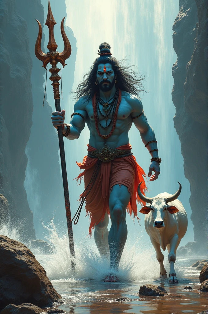 lord Shiva is walking very angry with trishula, white cow is walking beside him, his hand covered with some blood. Water is falling on him from top.