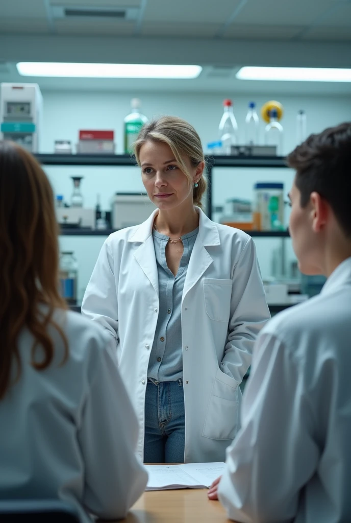 Professor wearing a lab coat inside a laboratory giving instructions to her students who also have lab coats and who are sitting around her paying close attention