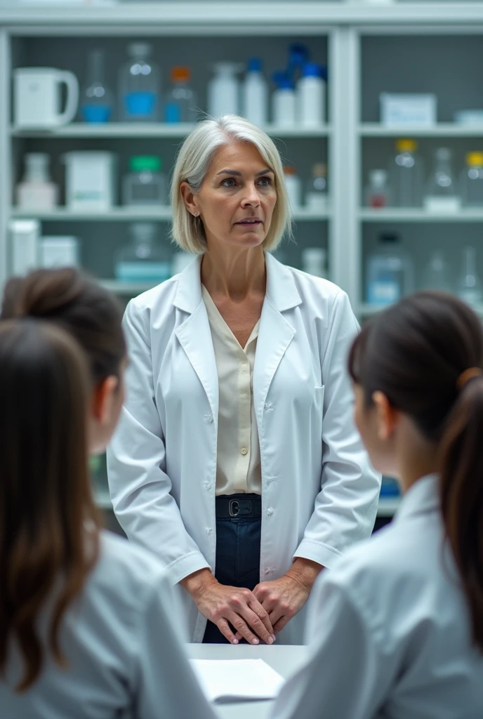 Professor wearing a lab coat inside a laboratory giving instructions to her students who also have lab coats and who are sitting around her paying close attention 