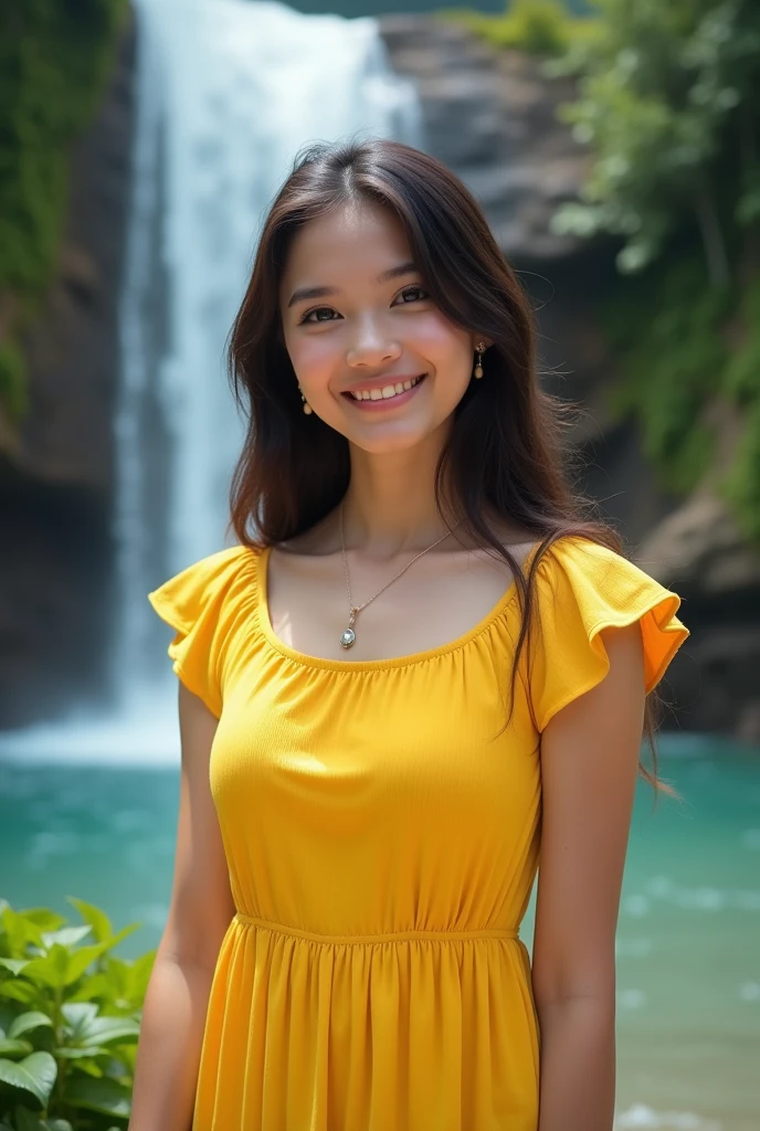 Create Real pinay girl qearing yellow short and sleeves say cheese standing with back water falls
