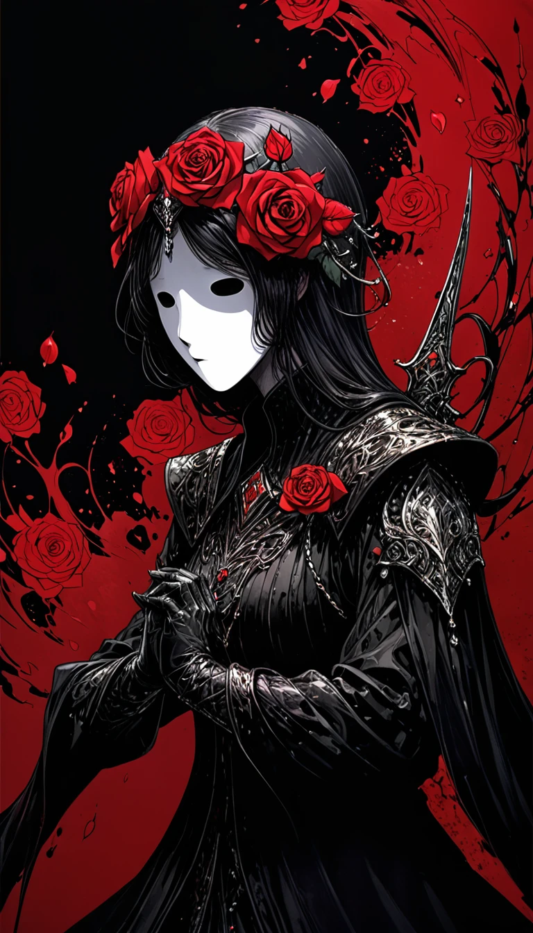 in style of Harry Clarke,character concept design,half body, (ROSE HEAD:1.5) (no face:2.0) paladin,angry,crazy smile,fighting pose,Magic Effects,Metallic details,Red tone,Unknown background,perfect hands,Core Art,The art of spray painting,Splash Art