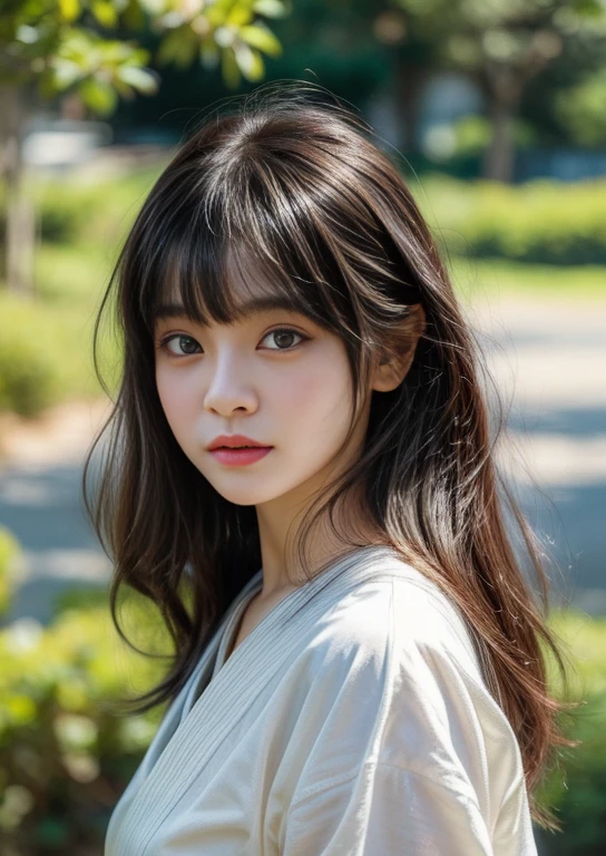 masterpiece、highest quality、cinema、(Details of both eyes)、(cute japanese woman、bangs:1.3)、2、1 girl、elegant、black hair、(sunshine:1.2)、(The wind is blowing:1.1)、