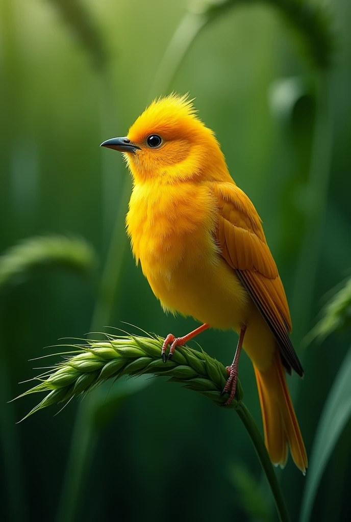 "A bird is perched on a green wheat leaf, which contrasts sharply with its yellow plumage, making the bird look as if it is whole create in mustard