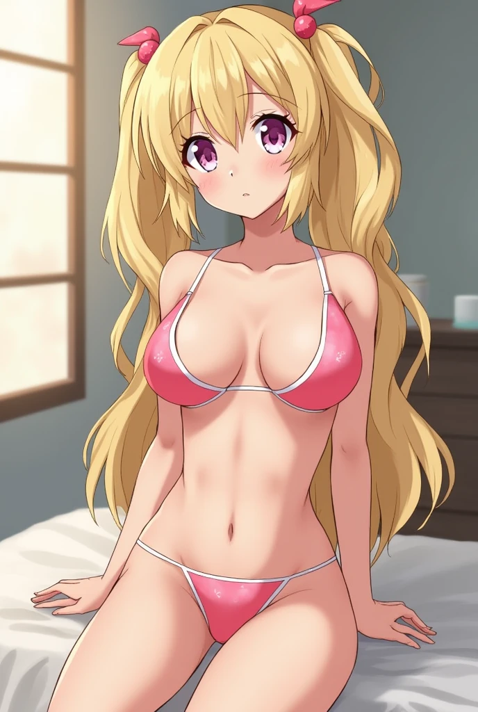 Nipples exposed、Blonde and twin-tailed、Odd eye: left eye is pink、Her right eye is light blue, her breasts are F cup, and she is having sex