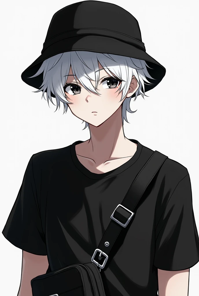 Male, 2d, anime, white hair, black shirt, black eyes, black crossbody bag, idol, black bucket hat