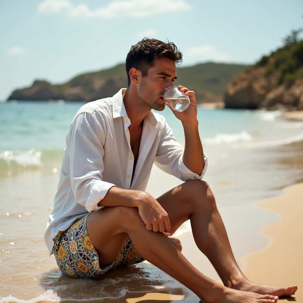 makes image of a white man, at 3, model type, with short dark hair, with clear eyes, wearing a shirt buttoned up to the neck, posing sideways, wearing swimming trunks imitating Portuguese tiles, sitting on the sand drinking water and wetting your feet on a beach in the Algarve