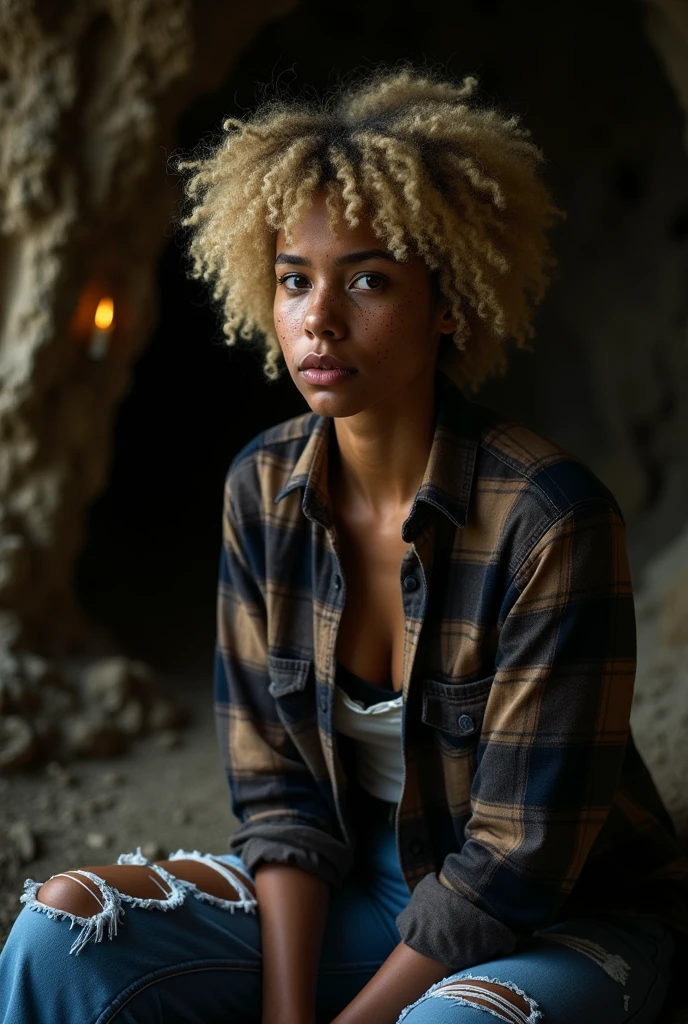 photograph of a woman, (troubled facial expression), textured skin, goosebumps, blonde afro hair, plaid flannel shirt with distressed boyfriend jeans, cowboy shot, dark and mysterious cave with unique rock formations and hidden wonders, perfect eyes, (candlelight,chiaroscuro), Porta 160 color, shot on ARRI ALEXA 65, bokeh, sharp focus on subject, shot by Don McCullin